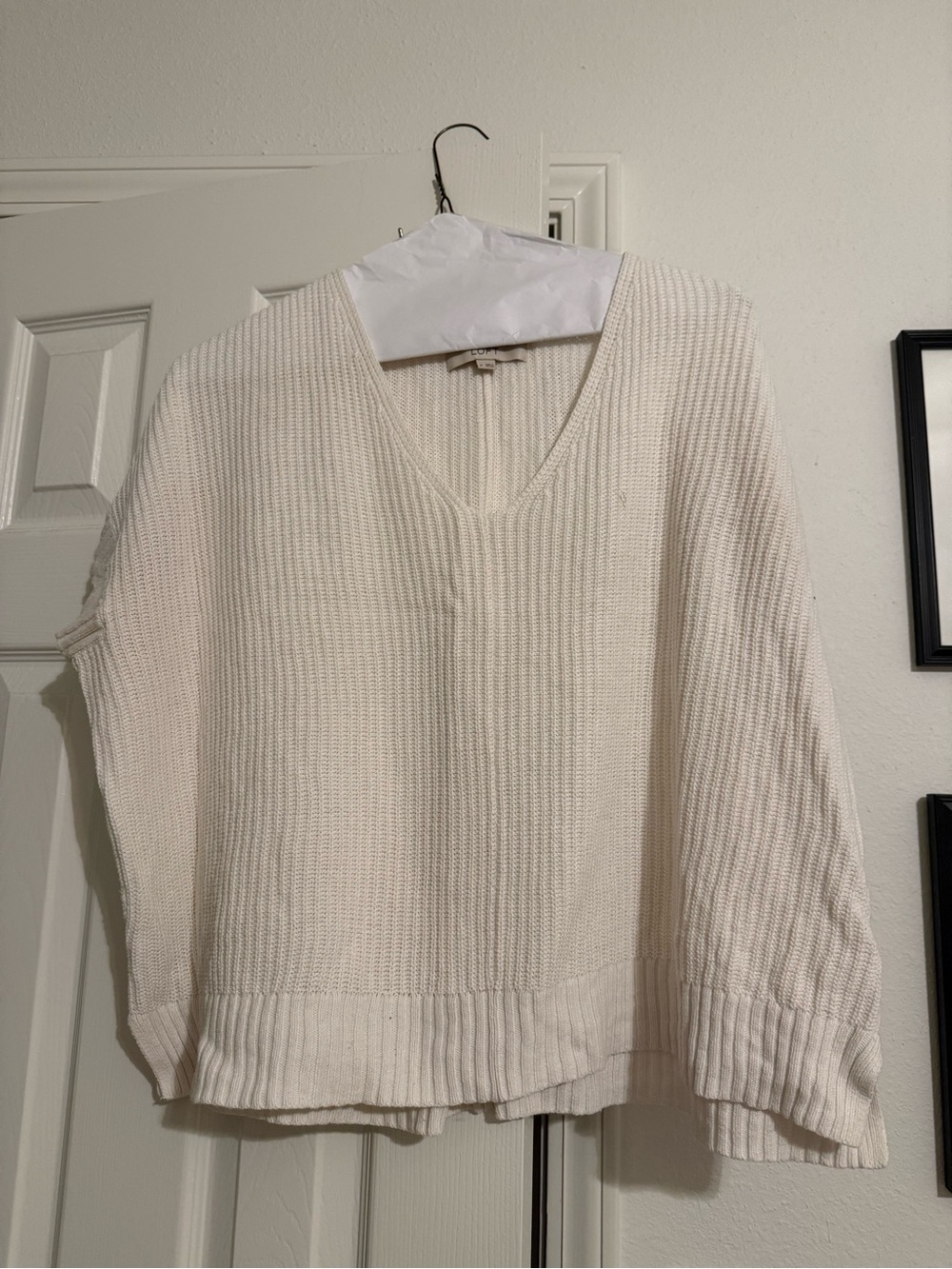 Summer Sale- Loft Women's V-Neck Cream Knit Sleeve Sweater